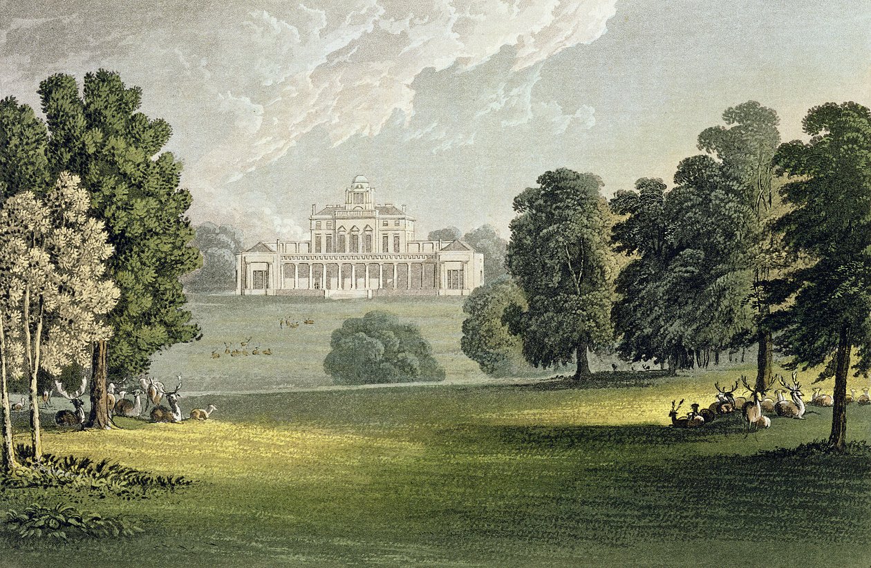 स्टोक पार्क, एकरमैन की &39;रिपोजिटरी ऑफ आर्ट्स&39; से, c.1826 प्रकाशित द्वारा जॉन गेंडल