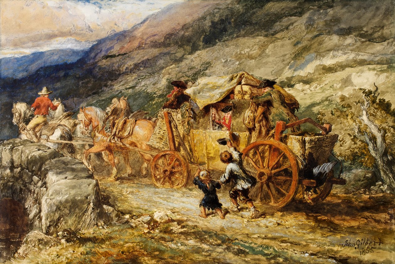 अंतिम सदी के स्टेज कोच, 1855 (कागज पर wc und gouache) द्वारा जॉन गिल्बर्ट