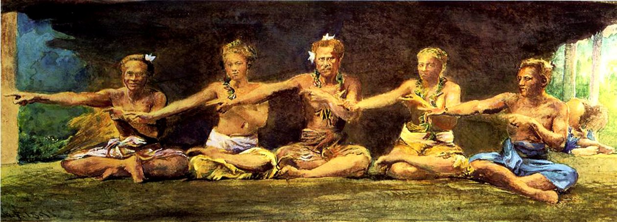 5 डांसर्स, वियाला, समोआ, 1890 के साथ शिव डांस (कागज़ पर wc und gouache द्वारा जॉन ला फार्गे या लाफार्ज