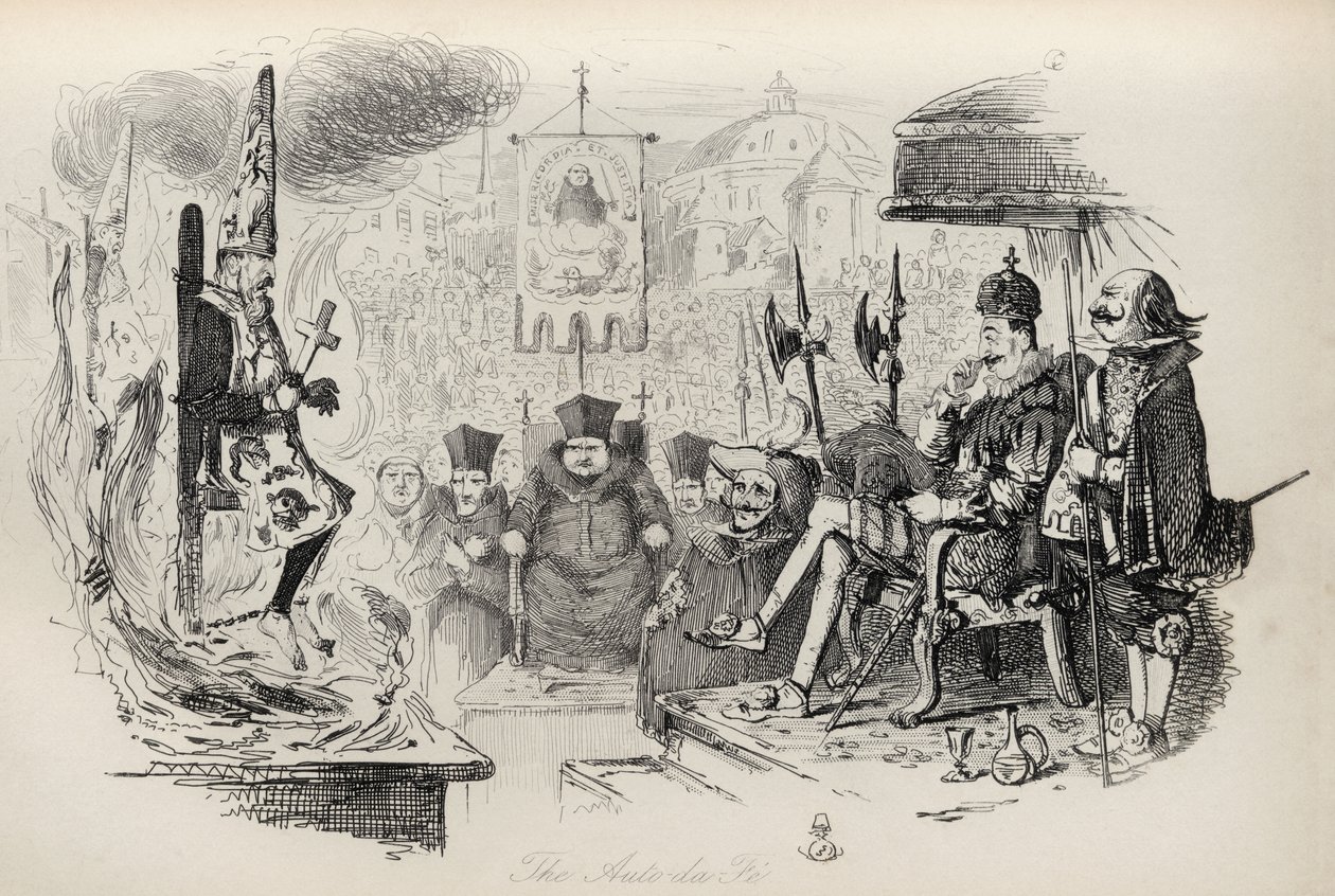 ऑटो-दा-फे, थॉमस इंगोल्ड्सबी द्वारा &39;द इंगोल्ड्सबी लीजेंड्स&39; से, रिचर्ड बेंटले द्वारा प्रकाशित, 1887 में द्वारा जॉन लीचो