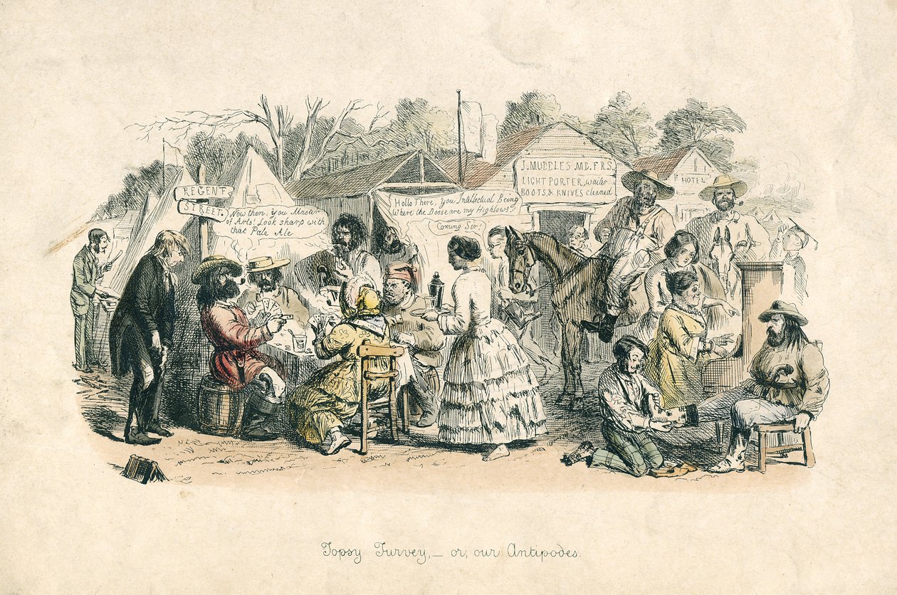 टॉपी टर्वे - या, हमारे एंटीपोड्स, 1864 (हाथ से रंग की नक़्क़ाशी) द्वारा जॉन लीचो