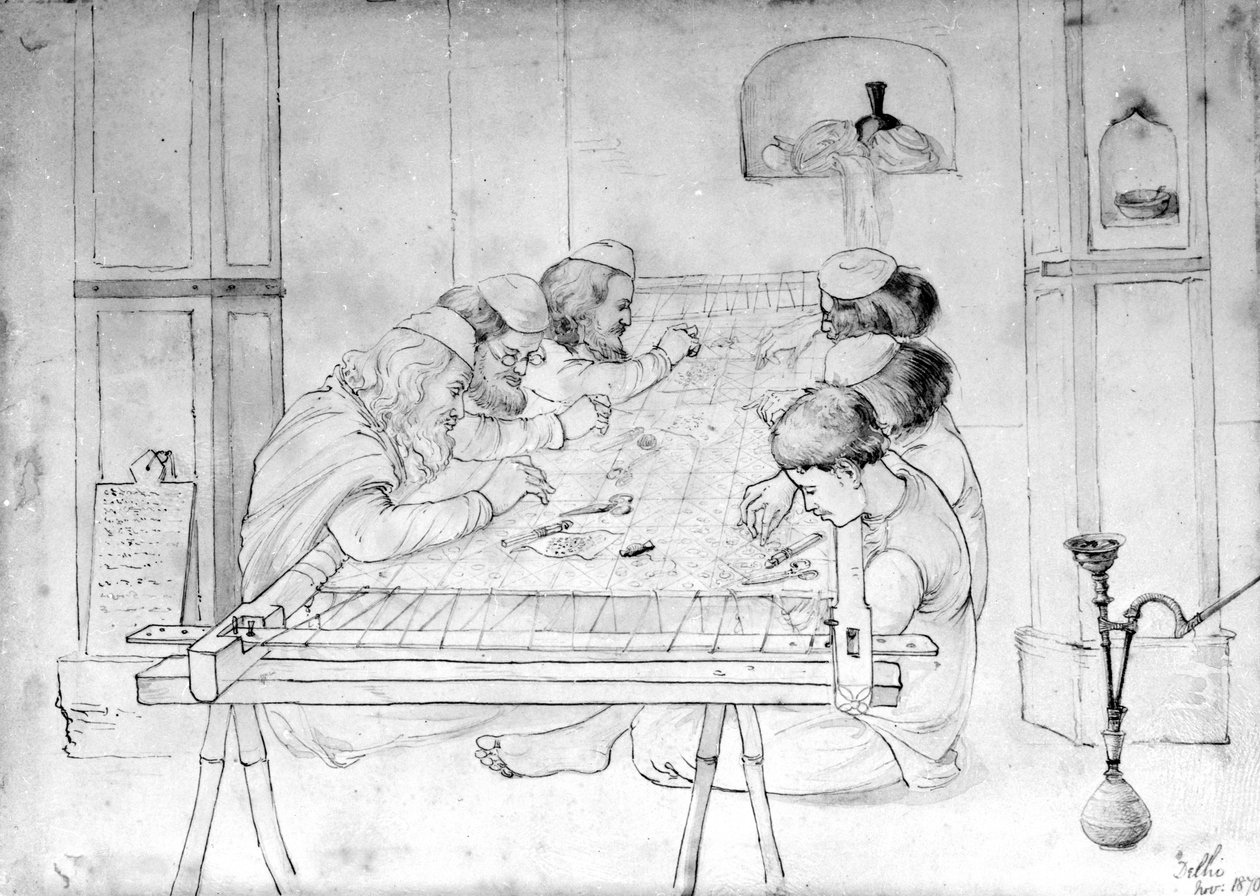 एक कढ़ाई के फ्रेम पर काम करने वाले पुरुष, 1870 (कागज पर पेंसिल, पेन और वॉश) द्वारा जॉन लॉकवुड किपलिंग