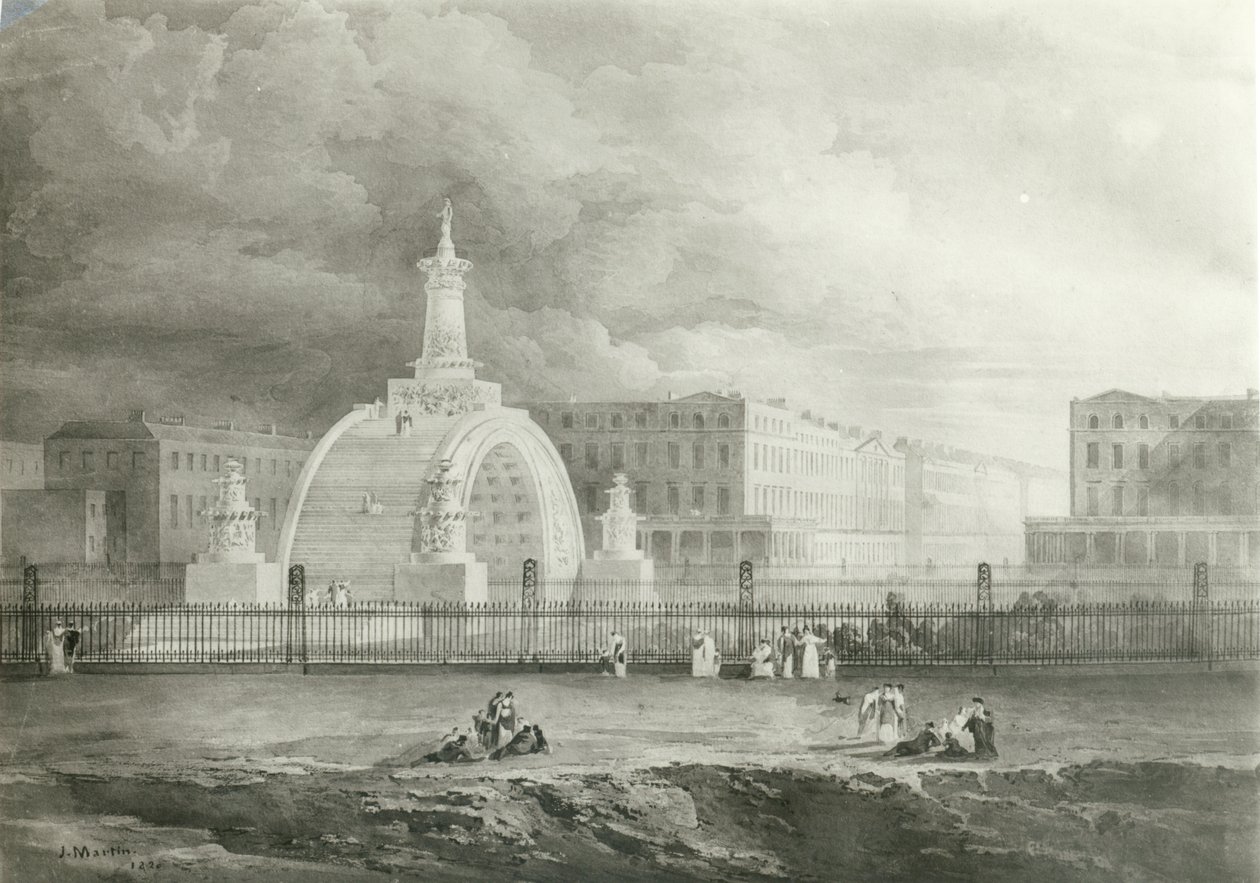 पोर्टलैंड प्लेस से रीजेंट पार्क तक प्रस्तावित ट्रम्पल आर्क, 1820 (लिथोग्राफ) द्वारा जॉन मार्टिन