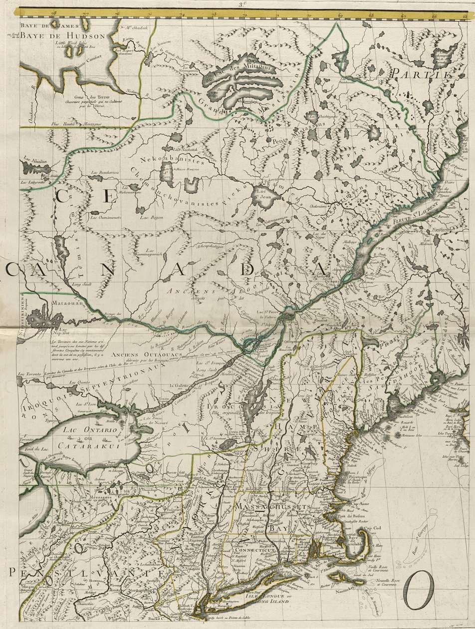 अमेरिका में ब्रिटिश और फ्रांसीसी प्रभुत्व का एक नक्शा, 1756 (कागज पर रूपरेखा रंग के साथ उत्कीर्णन) द्वारा जॉन मिशेल