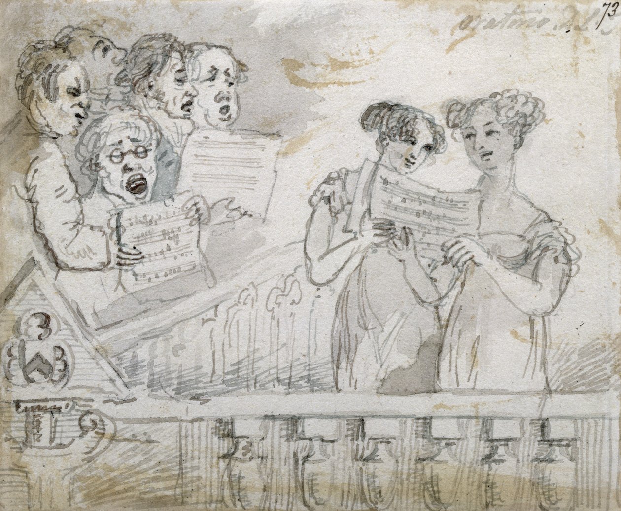 Drury Lane Theatre में Oratorio का प्रदर्शन, एक ट्रिप्टाइक का भाग, 1814 (wc और इंक) (84544-5 भी देखें) द्वारा जॉन निक्सन