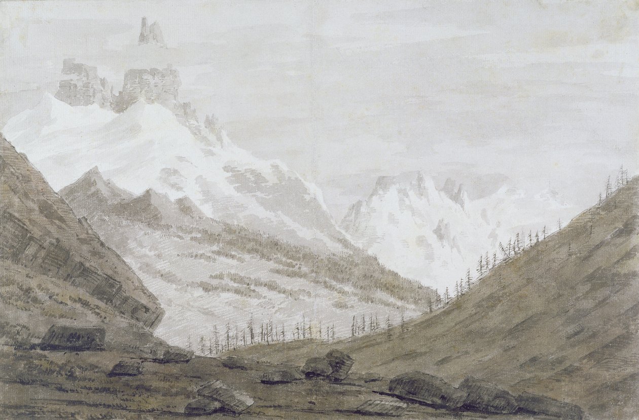 शैमॉनिक्स और मार्टगैन के बीच, 1776 (ग्रेफाइट, कागज पर पेन und वॉश) द्वारा जॉन रॉबर्ट कोज़ेंस