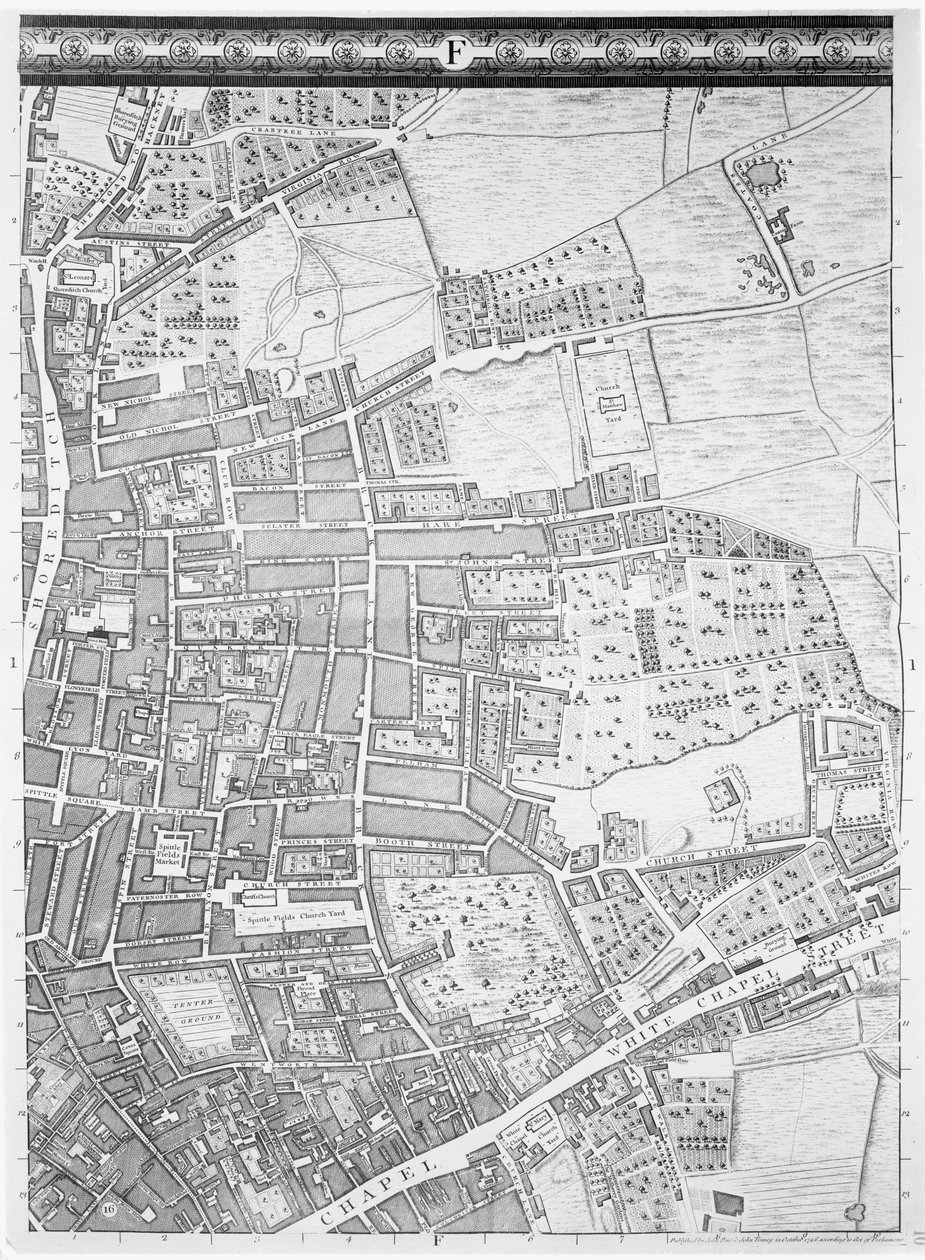एक नक्शा Shoreditch और Whitechapel, लंदन, 1746 की द्वारा जॉन रोक्के