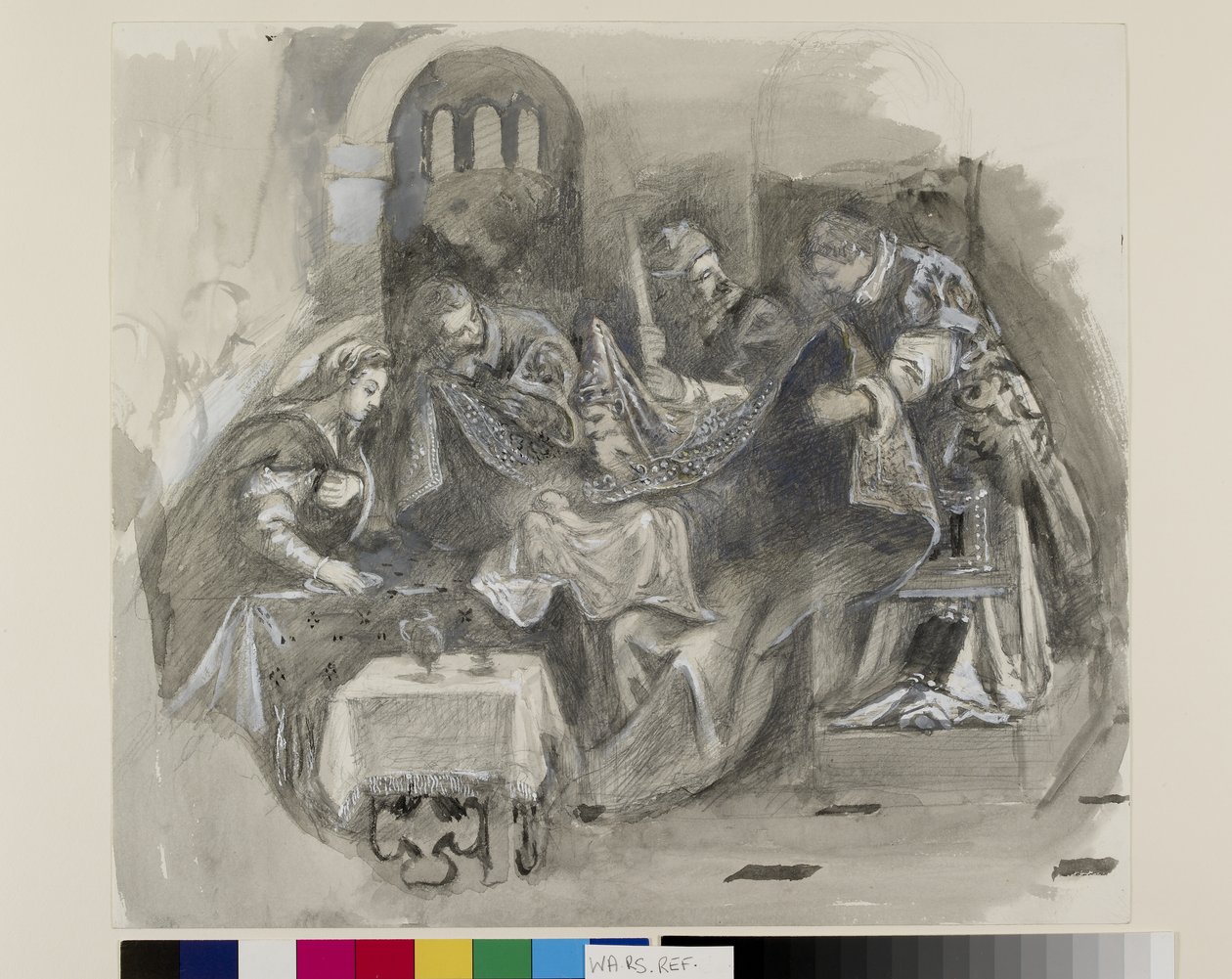 स्कुला ग्रांडे डी सैन रोक्को में टिनटोरेटो की खतना का चित्रण, अगस्त 1869 (ग्रेव पेपर पर ग्रेफाइट, वाटर कलर और बॉडी कलर) द्वारा जॉन रस्किन