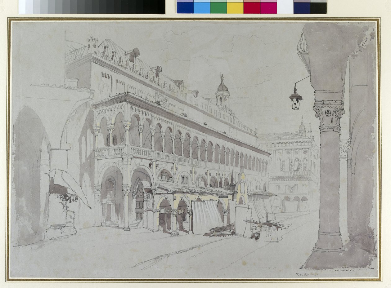 पलाज़ो डेला रागियोन और पियाज़ा डेल्ले एर्बे, पडुआ, मई 1841 (ग्रे पेपर पर ग्रेफाइट, वाटर कलर, बॉडी कलर और पेन और स्याही) द्वारा जॉन रस्किन