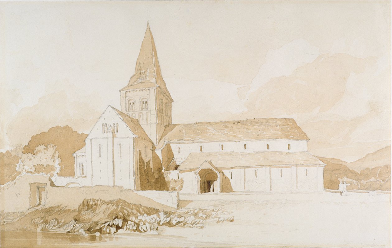 नोट्रे डेम ऑन द वॉटर, डॉमफ्रंट, नॉरमैंडी, c.1820 (ब्राउन वॉश और पेपर पर ग्रेफाइट) द्वारा जॉन बेच Cotman