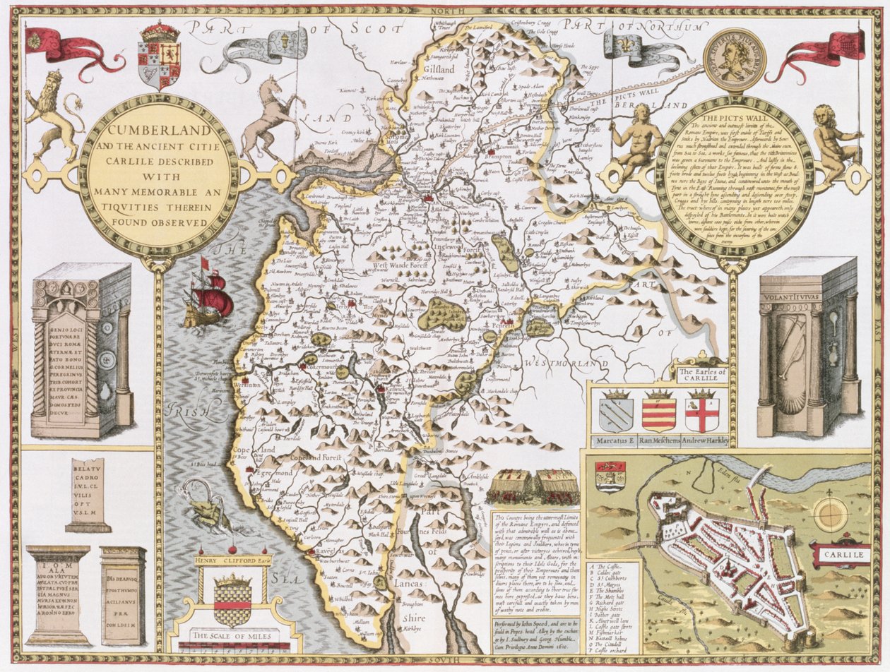 जॉन स्पीड के &39;थियेटर ऑफ द ग्रेट ऑफ द ब्रिटेन&39; के पब से जोब्रोक्स होंडियस (1563-1612) द्वारा उत्कीर्ण कंबरलैंड और प्राचीन शहर जॉन सुदबरी और जॉर्ज विनम्र द्वारा, 1611-12 (हाथ सह) द्वारा जॉन स्पीड