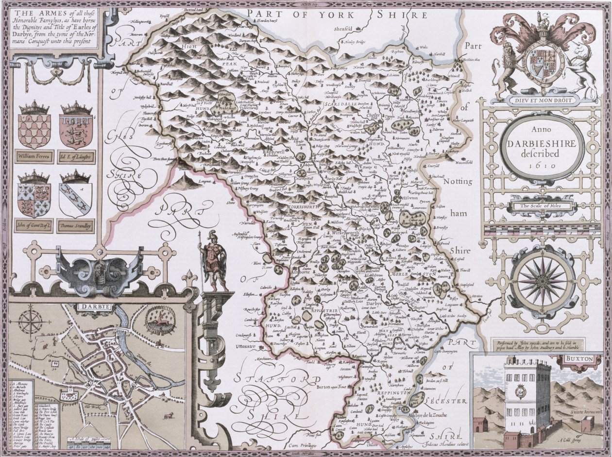 डार्बीशायर, जॉन स्पीड के &39;थिएटर ऑफ द एम्पायर ऑफ ग्रेट ब्रिटेन&39; पब से जोडकस होंडियस (1563-1612) द्वारा उकेरा गया। जॉन सुदबरी और जॉर्ज विनम्र द्वारा, 1611-12 (हाथ से रंगे तांबे की नक्काशी) द्वारा जॉन स्पीड