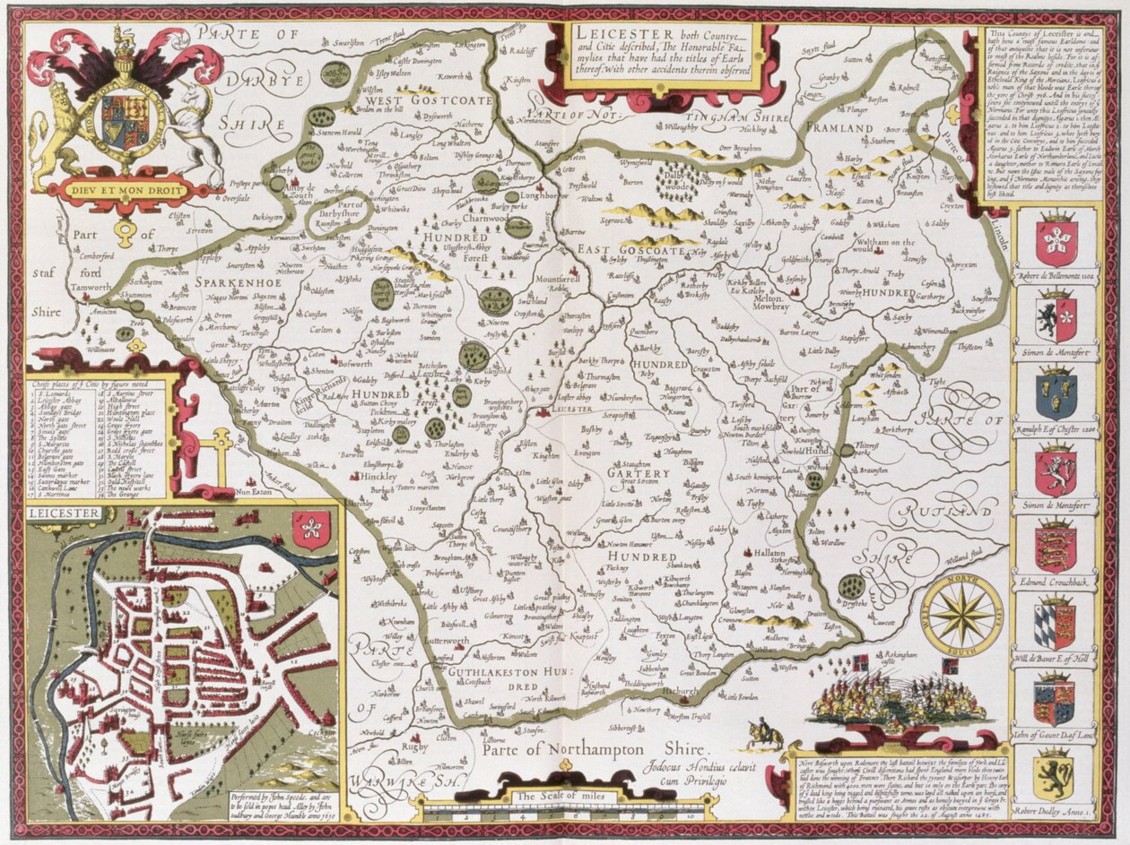 लीसेस्टर, जॉन स्पीड के &39;थिएटर ऑफ़ द एम्पायर ऑफ़ ग्रेट ब्रिटेन&39; पब से जोडकस होंडियस (1563-1612) द्वारा उकेरा गया। जॉन सुदबरी और जॉर्ज विनम्र द्वारा, 1611-12 (हाथ से रंगे तांबे की नक्काशी) द्वारा जॉन स्पीड