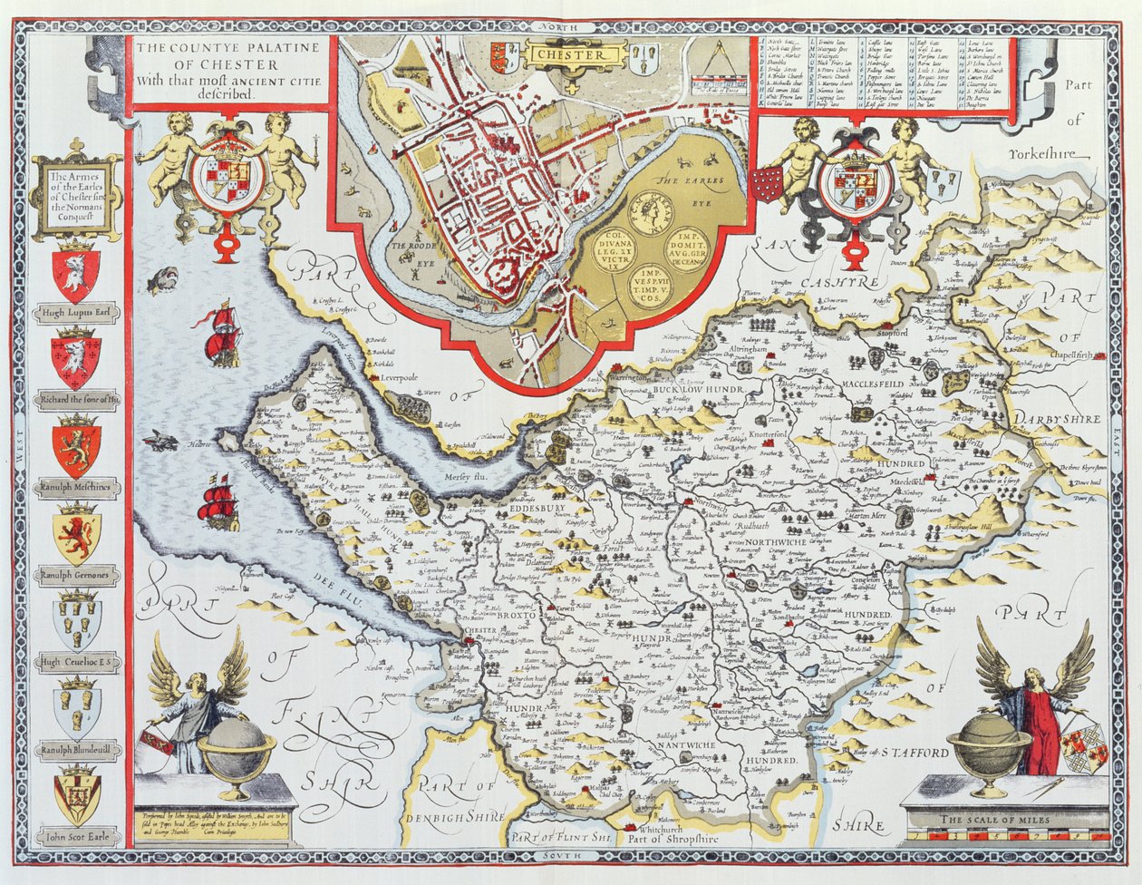 जॉन स्पीड के &39;थिएटर ऑफ़ द एम्पायर ऑफ़ ग्रेट ब्रिटेन&39; के पब से जोडकस होंडियस (1563-1612) द्वारा उकेरा गया चेस्टर का काउंटेय फिलैटिन। जॉन सुदबरी और जॉर्ज विनम्र द्वारा, १६११-१२ (हाथ से लिखे गए कॉप) द्वारा जॉन स्पीड