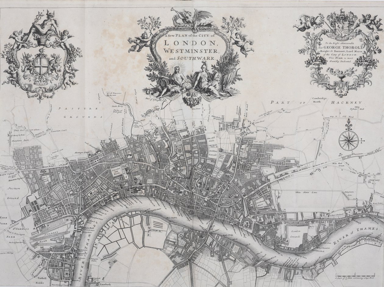 लंदन के शहर, वेस्टमिंस्टर और साउथवार्क की एक नई योजना, &39;ए सर्वे ऑफ द सिटीज ऑफ लंदन एंड वेस्टमिंस्टर&39; में, ए। चर्चिल, जे। नॉटपॉन, आर। नॅपलॉक, एट अल, 1720 द्वारा मुद्रित द्वारा जॉन स्टो