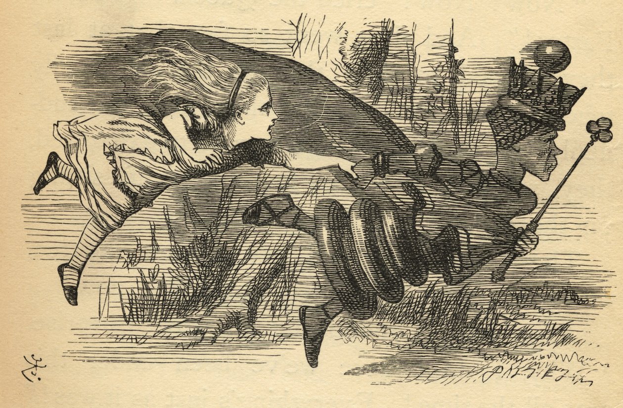 एलिस और द रेड क्वीन, लुईस कैरोल (1832-98) द्वारा &39;थ्रू द लुकिंग ग्लास&39; का चित्रण पहली बार 1871 में प्रकाशित हुआ द्वारा जॉन टेनिएल