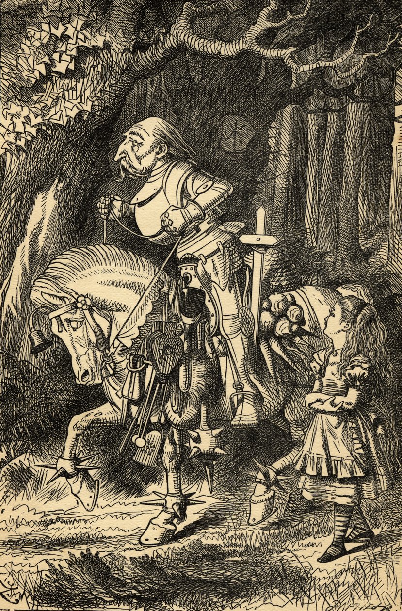 एलिस एंड द व्हाइट नाइट, लेविस कैरोल (1832-98) द्वारा &39;एलिस इन वंडरलैंड&39; का चित्रण पहली बार 1865 में प्रकाशित हुआ द्वारा जॉन टेनिएल
