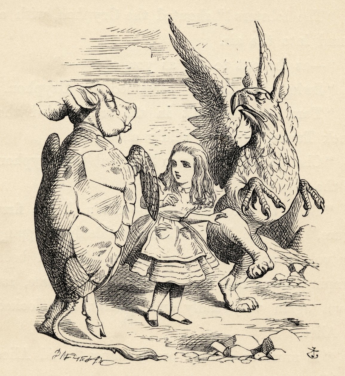 लुईस कैरोल द्वारा &39;ऐलिस एडवेंचर्स इन वंडरलैंड&39; से ग्रिफ़ॉन और मॉक टर्टल के साथ ऐलिस, 1791 में प्रकाशित द्वारा जॉन टेनिएल