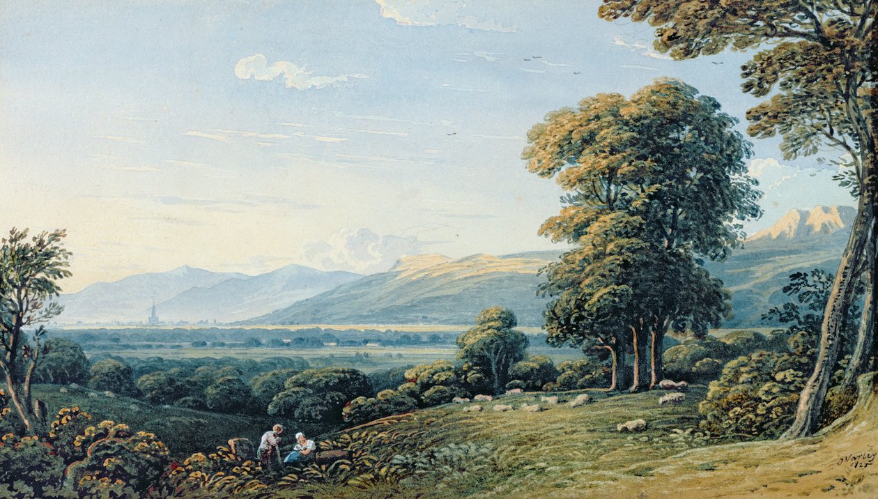 1825 से परे एक चर्च के शिखर के साथ एक पहाड़ी पर आराम करने वाले आंकड़े द्वारा जॉन वर्ले