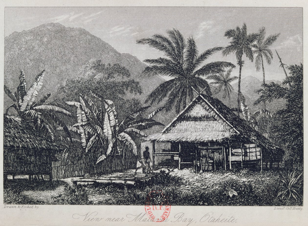 1835 में जॉन बैरो द्वारा एचएमएस बाउंटी की यात्रा के वृत्तांत से लेफ्टिनेंट कर्नल बैटी द्वारा उकेरी गई मातवी बे के पास, ओटहाइट द्वारा जॉन वेबर