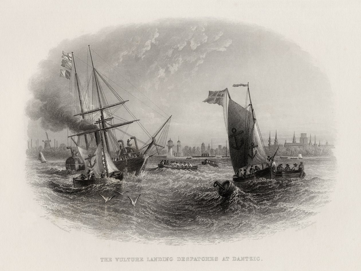 आर्थर विलमोर (1814-88) द्वारा उत्कीर्ण दंत्ज़िग में गिद्धों की लैंडिंग द्वारा जॉन विल्सन कारमाइकल