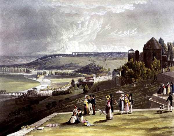 सेंट जर्मेन, 'व्यूज़ ऑन द सीन' से, डेनियल हैवेल (1785-1826) द्वारा उकेरा गया है, जिसे आर. एकरमैन (1764-1834) 1821 (कलर लिथो) द्वारा प्रकाशित किया गया है। द्वारा जॉन (बाद) गेंडाल