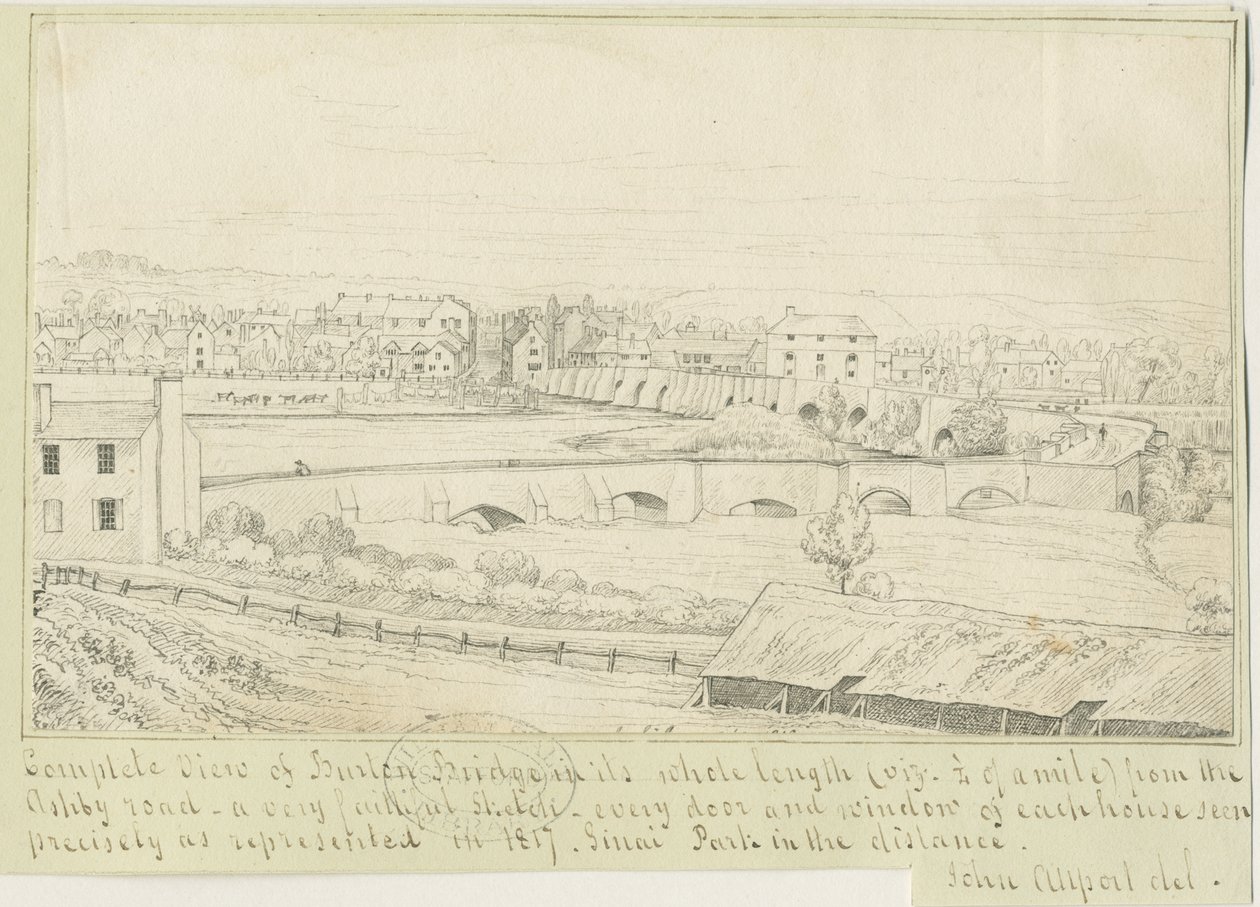 बर्टन-ऑन-ट्रेंट ब्रिज एंड टाउन: पेन ड्राइंग, 1817 द्वारा जॉन ऑलपोर्ट