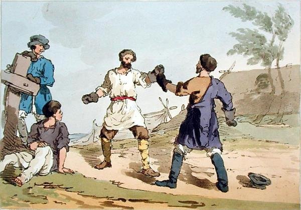 बॉक्सिंग, कलाकार द्वारा उकेरी गई, 1804 प्रकाशित (कलर लिथो) द्वारा जॉन ऑगस्टस एटकिंसन