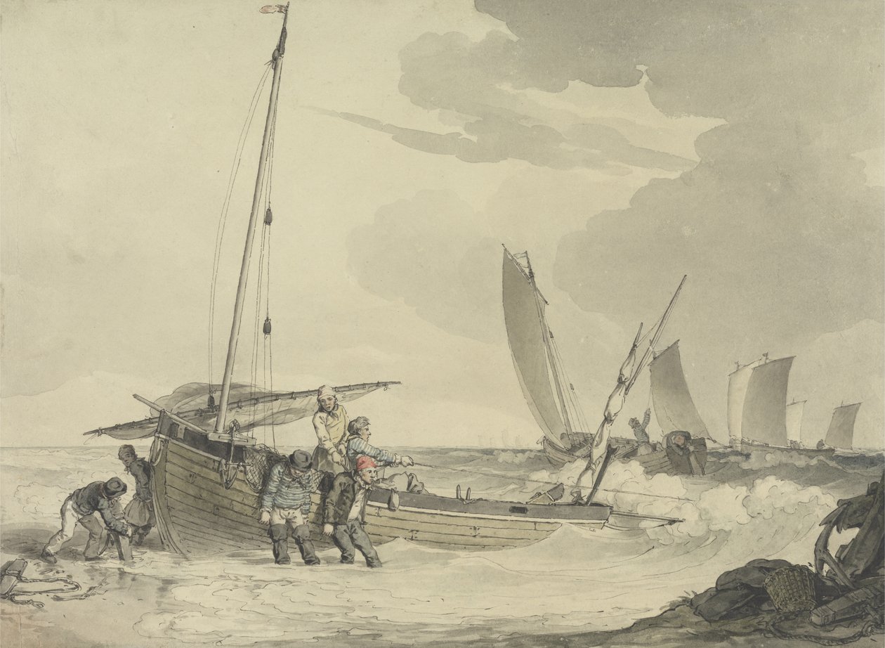 मछुआरे समुद्र से बाहर, c.1810 (कागज पर कलम और स्याही के साथ wc) द्वारा जॉन ऑगस्टस एटकिंसन
