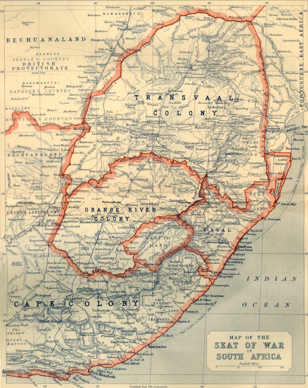 1901 में दक्षिण अफ्रीका में युद्ध की सीट का नक्शा। द्वारा जॉन बार्थोलोम्यू