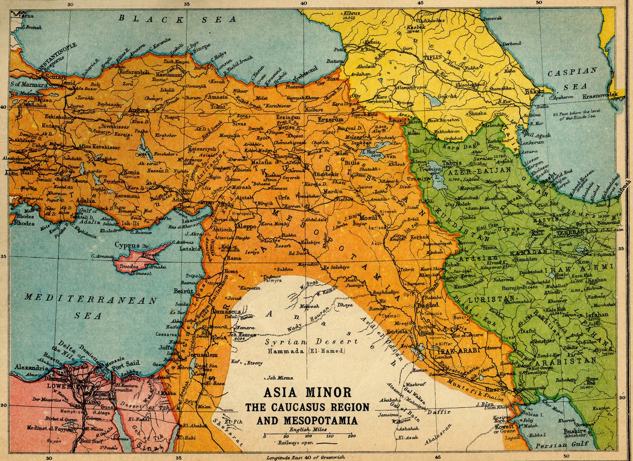एशिया माइनर, काकेशस क्षेत्र और मेसोपोटामिया, प्रथम विश्व युद्ध, c1915, c1920। द्वारा जॉन बार्थोलोम्यू और बेटा