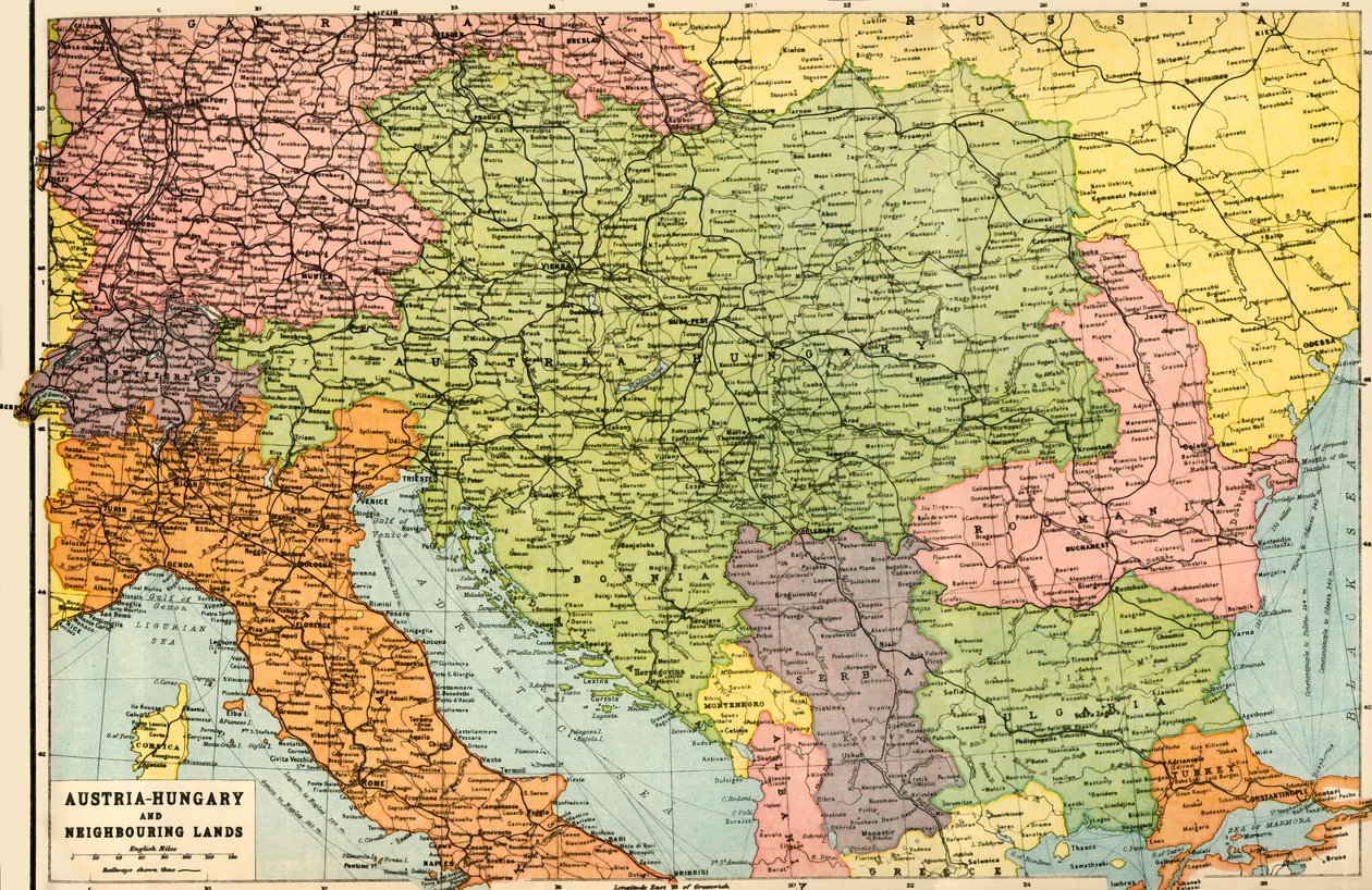 ऑस्ट्रिया-हंगरी और पड़ोसी भूमि - मानचित्र, 1920। द्वारा जॉन बार्थोलोम्यू और बेटा