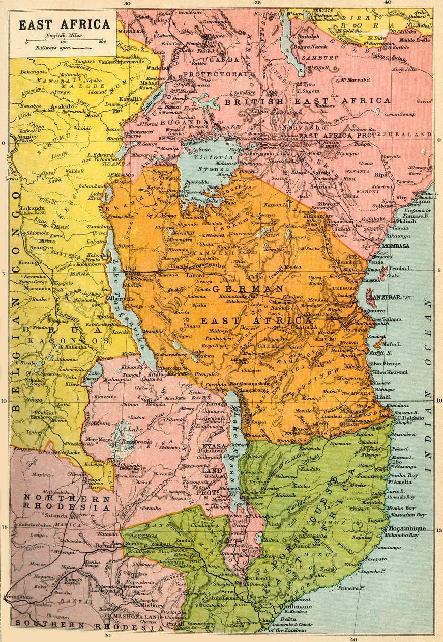 पूर्वी अफ्रीका का नक्शा, प्रथम विश्व युद्ध, c1920। द्वारा जॉन बार्थोलोम्यू और बेटा