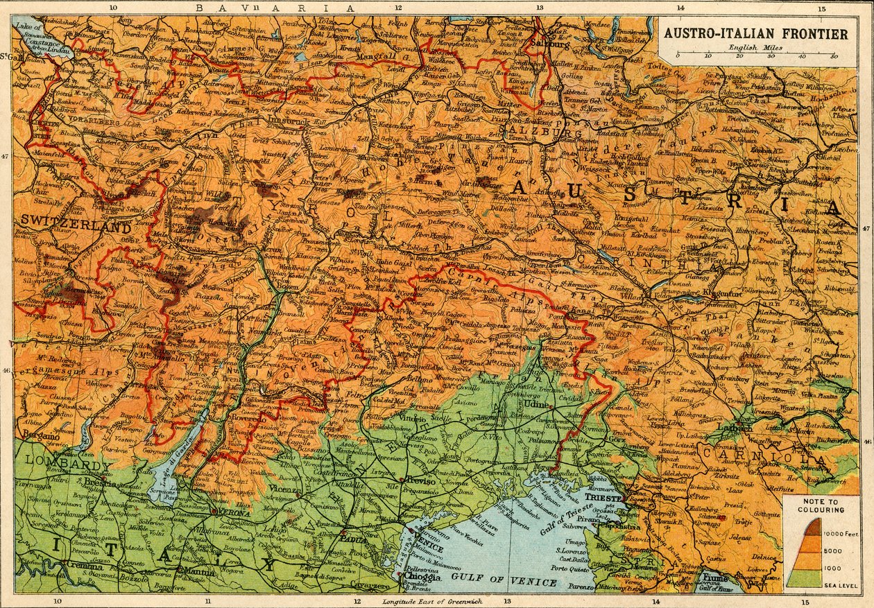 ऑस्ट्रो-इतालवी सीमा का नक्शा, प्रथम विश्व युद्ध, c1920। द्वारा जॉन बार्थोलोम्यू और बेटा