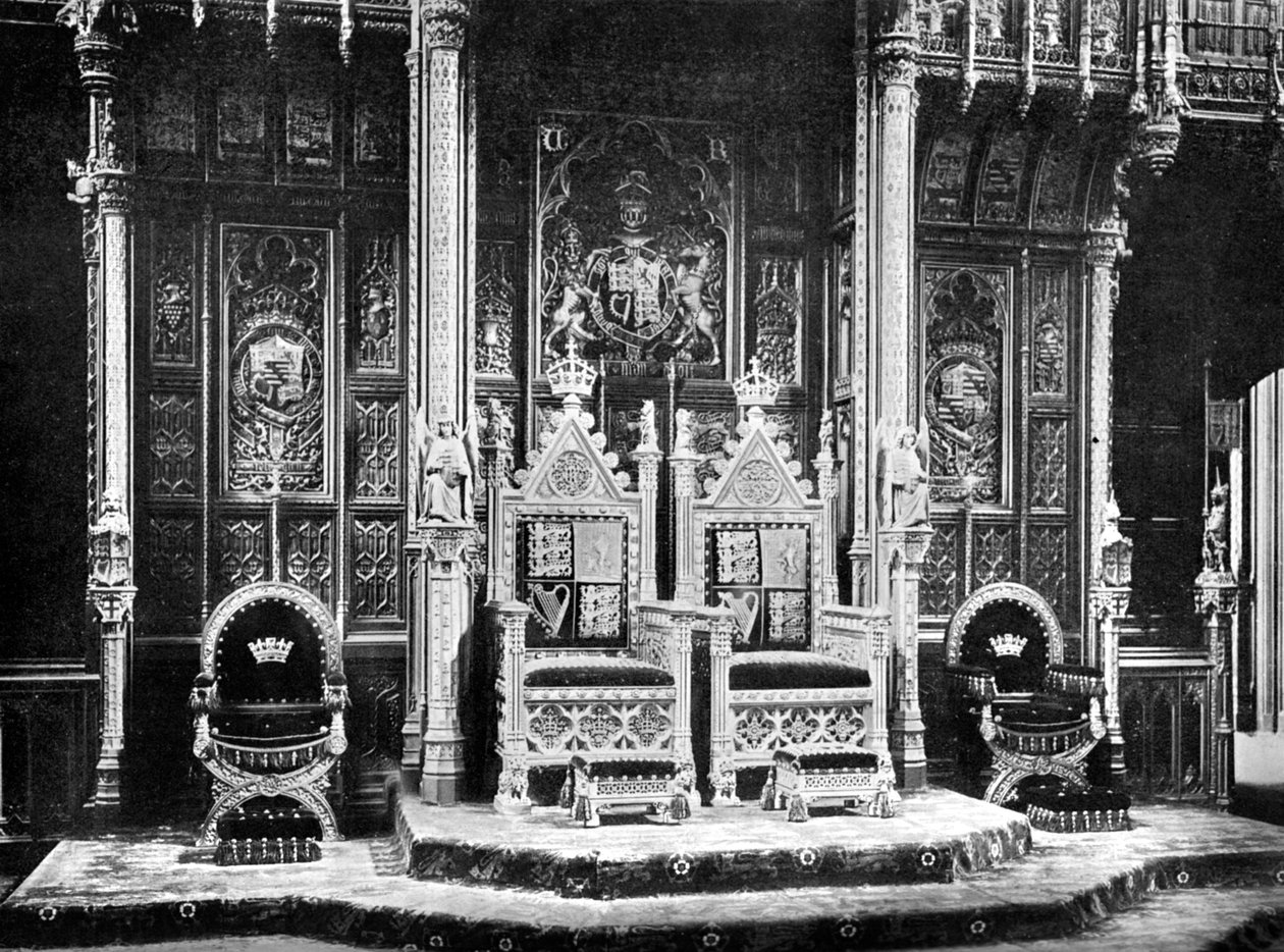 रॉयल सिंहासन, हाउस ऑफ लॉर्ड्स, वेस्टमिंस्टर, c1905। द्वारा जॉन बेंजामिन स्टोन