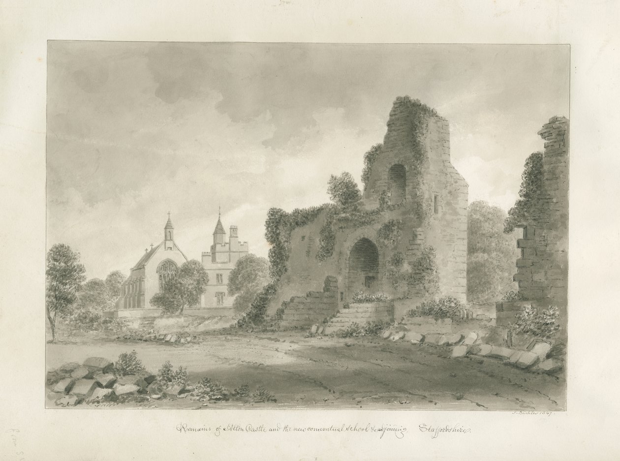 एल्टन कैसल और "न्यू कॉन्वेंट स्कूल": सीपिया ड्राइंग, 1847 द्वारा जॉन बकलर