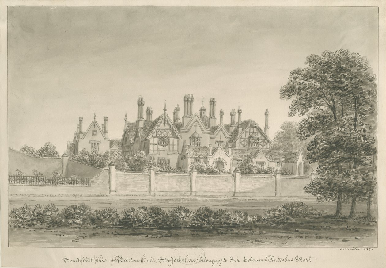 बार्टन विद नीडवुड - "बार्टन हॉल": सीपिया ड्राइंग, 1839 द्वारा जॉन बकलर