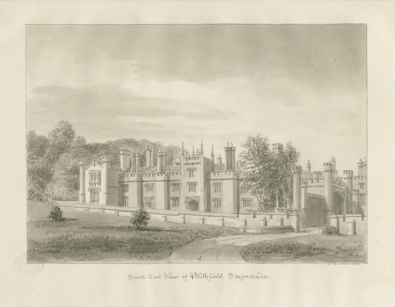 ब्लिथफील्ड हॉल: सीपिया ड्राइंग, 1823 द्वारा जॉन बकलर