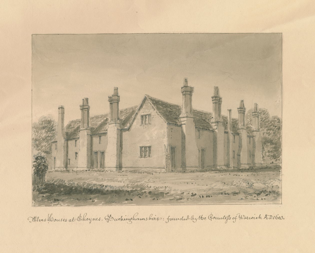बकिंघमशायर - चेनीज हॉल - अलम्स हाउस: सीपिया ड्राइंग, 1824 द्वारा जॉन बकलर