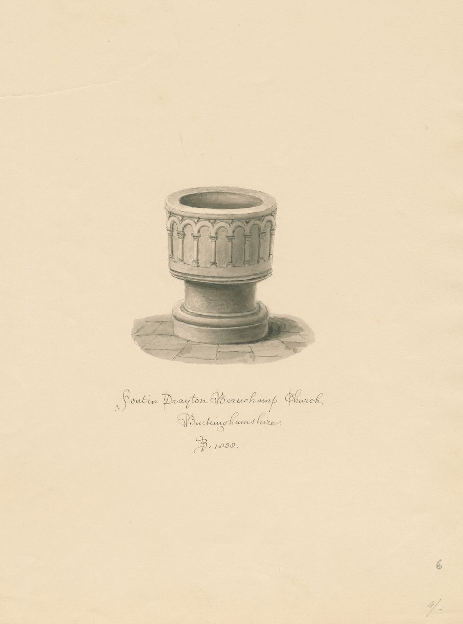 बकिंघमशायर - ड्रेटन ब्यूहैम्प चर्च: सीपिया ड्राइंग, 1838 द्वारा जॉन बकलर