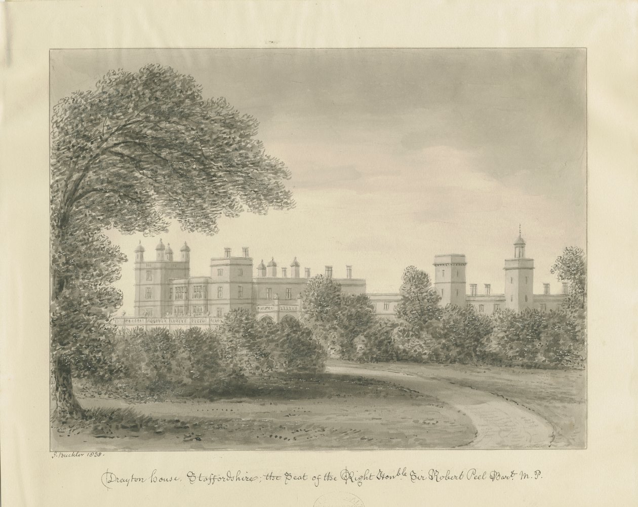 ड्रेटन बैसेट - "ड्रेटन मैनर": सीपिया ड्राइंग, 1838 द्वारा जॉन बकलर