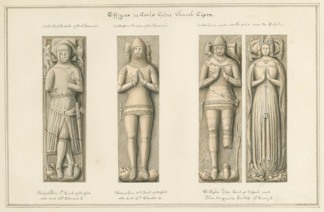 एसेक्स - अर्लस कोलन चर्च - एफीजीज: सीपिया ड्राइंग, 1824 द्वारा जॉन बकलर