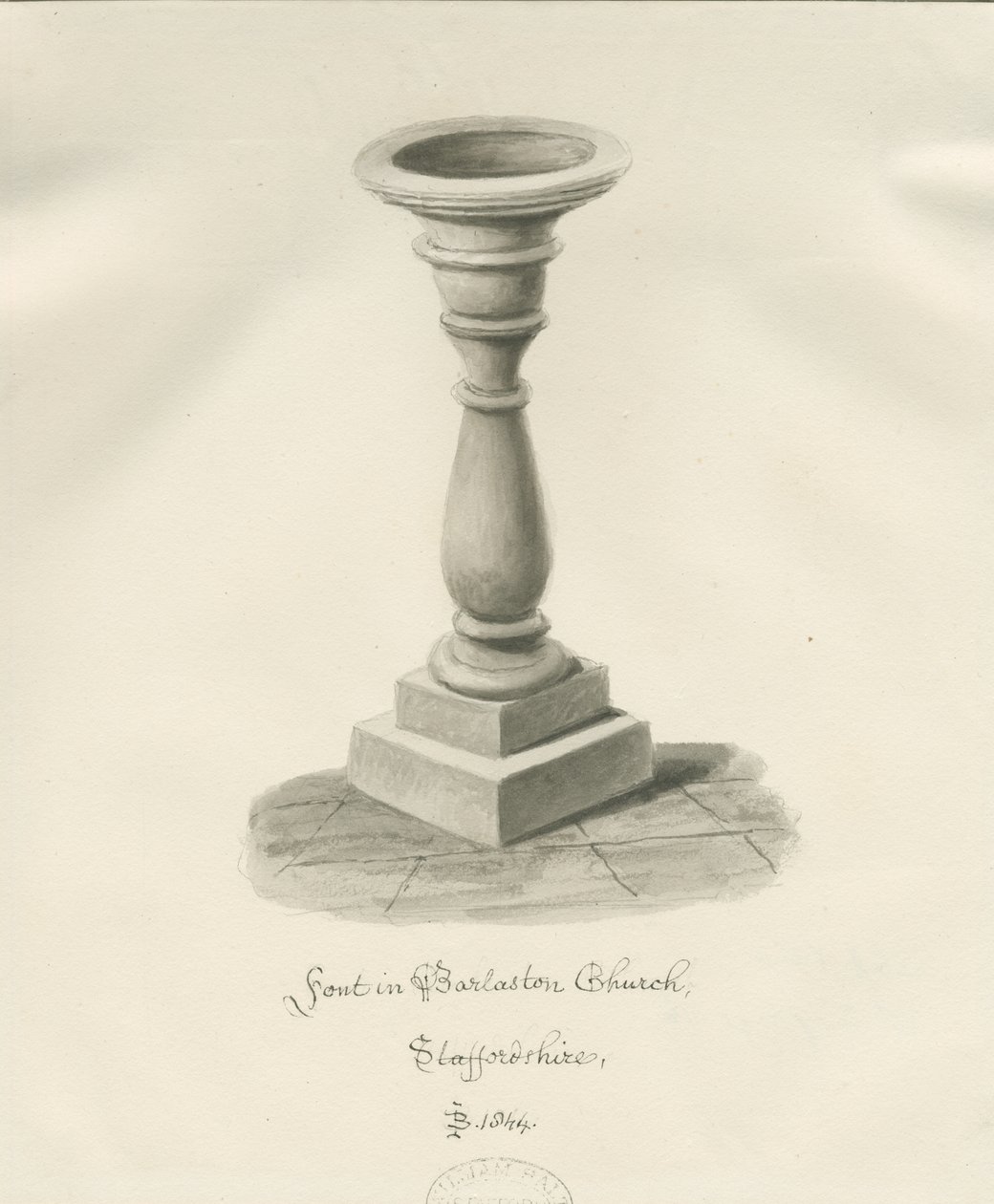 Barlaston Church में फ़ॉन्ट: सेपिया वॉश ड्राइंग, 1844 द्वारा जॉन बकलर