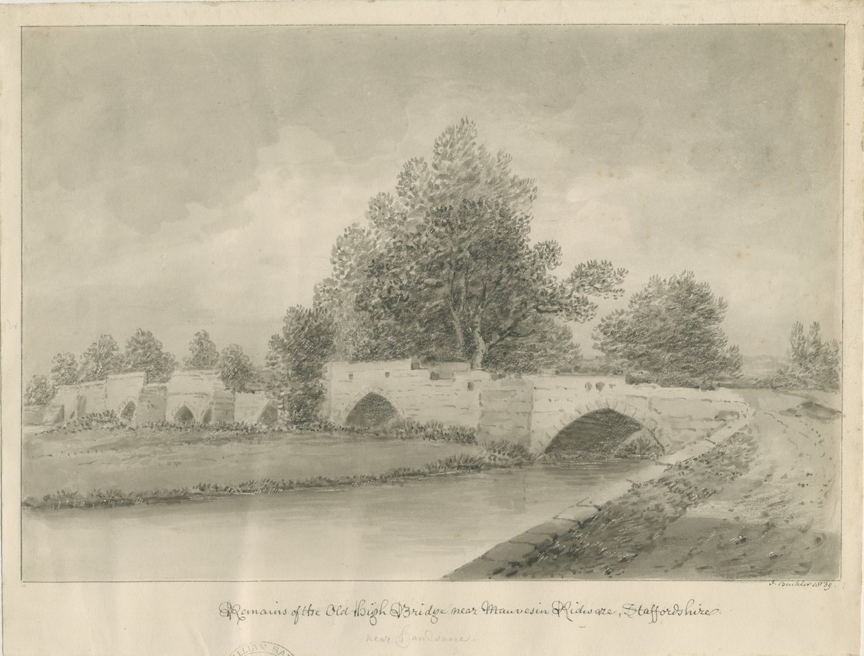 हैंडसेक्रे - पुराना हाई ब्रिज: सीपिया ड्राइंग, 1839 द्वारा जॉन बकलर