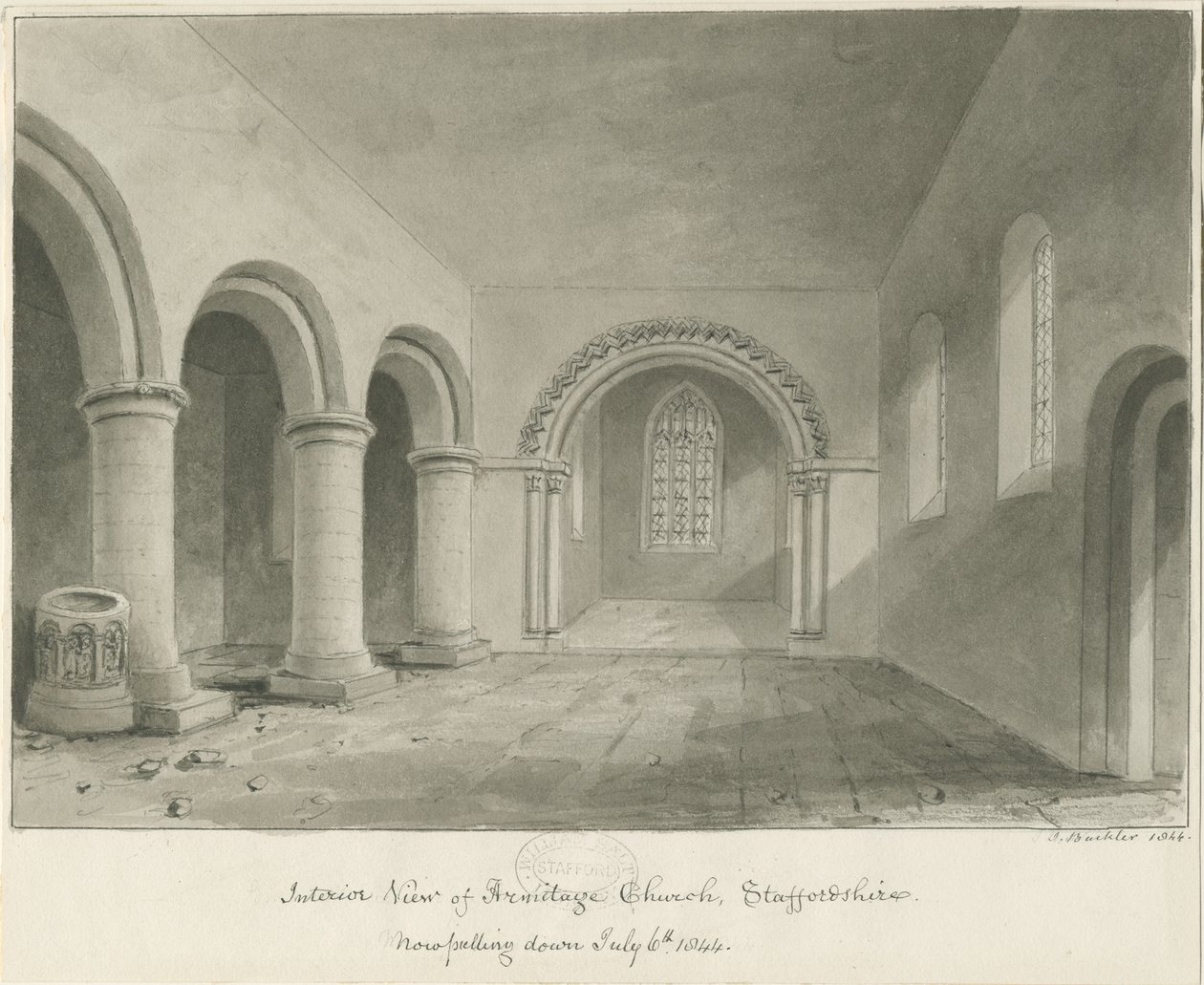 इंटीरियर ऑफ आर्मिटेज चर्च: सीपिया ड्राइंग, 6 जुलाई 1844 द्वारा जॉन बकलर