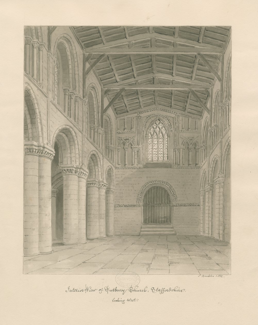 Tutbury Priory चर्च का इंटीरियर: सीपिया वॉश ड्राइंग द्वारा जॉन बकलर