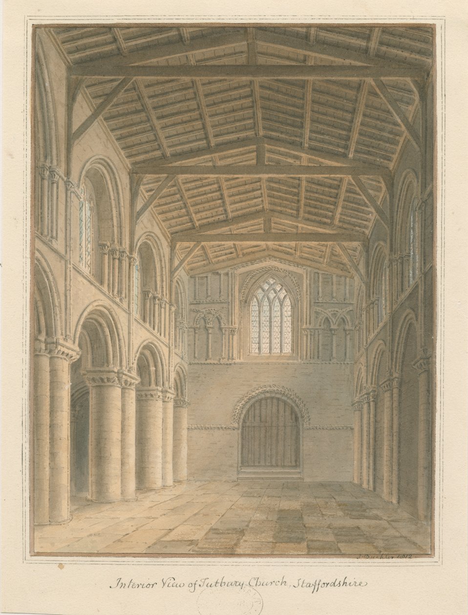 Tutbury Priory चर्च का इंटीरियर: पानी के रंग पेंटिंग द्वारा जॉन बकलर