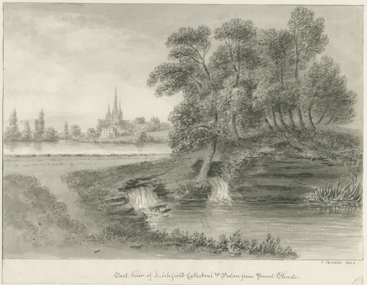 लिचफील्ड कैथेड्रल - ईस्ट व्यू: सीपिया ड्राइंग, 1844 द्वारा जॉन बकलर