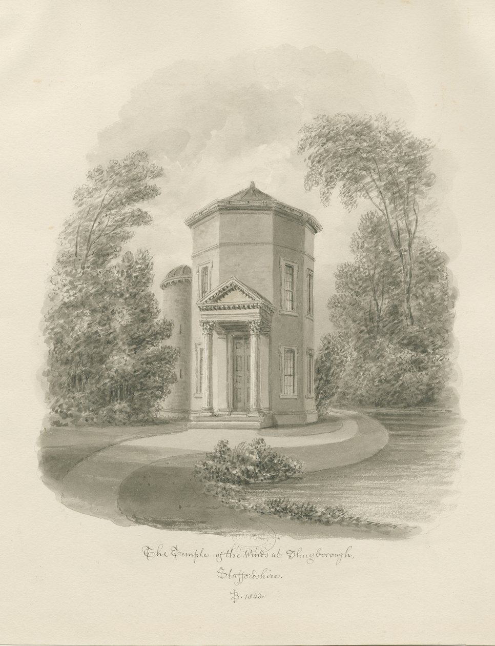 शुगबरो - टेम्पल ऑफ़ द विंड्स: सीपिया ड्राइंग, 1843 द्वारा जॉन बकलर