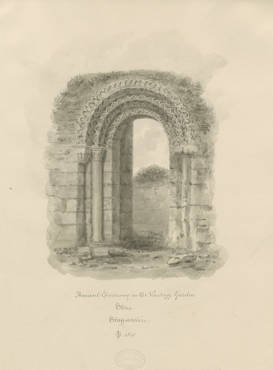 स्टोन - विकाराज गार्डन में प्राचीन द्वार: सीपिया ड्राइंग, 1841 द्वारा जॉन बकलर